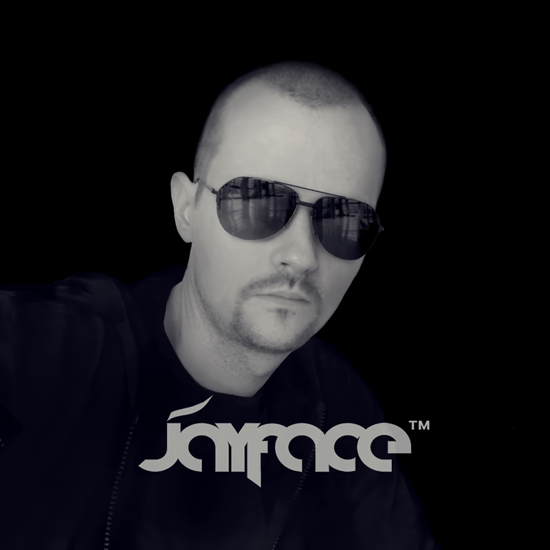 Portrait of Jayface, music producer and dj, with his logo visible below his head